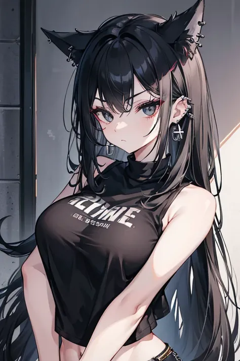 1 woman, female, long black hair messy and cut like a wolf, black eyes, ear piercings, face piercings, scars, wearing black sleeveless t-shirt, wearing a punk leather jacket, wearing black jeans, evening, High resolution, ultra-sharp, 8k, masterpiece, look...