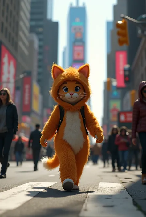 A person in a furry cat costume walking down the streets of New York 