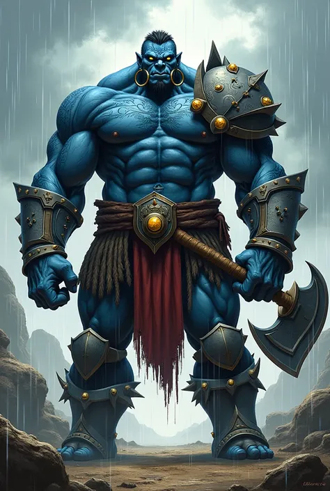 In the Human Comics style, create a full-body character. Zalthor is a giant, dark blue-skinned orc in the Word of Warcraft style who dominates two natural elements: earth and rain. He wears gray and silver orc armor. His face has several tattoos and hoop e...