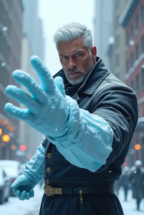 adult man. white color white hair dark blue eyes. goatee, attractive face. She is in a city covered in snow and on her arm she has an ice glove that covers her entire arm.. with an annoyed expression and in an attack position.