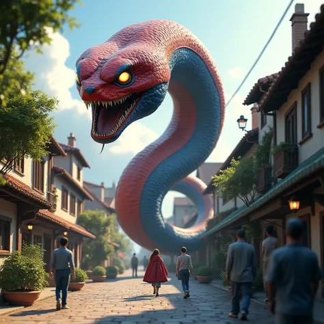  Create a 3D image, on a village street, a snake made of super man, the snakes body is huge and completely covered in super mans iconic dress, composed of elements by 