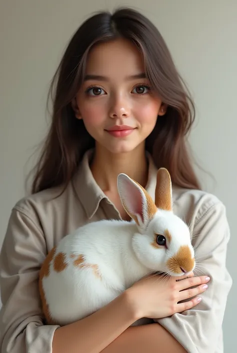 A small-eyed Brazilian woman with long, straight, brown hair, 1,60 holding a realistic 5 month old white rabbit with LOTS of brown spots 