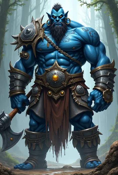 In the Human Comics style, create a full-body character. Zalthor is a giant, dark blue-skinned orc in the Word of Warcraft style who dominates two natural elements: earth and rain. He wears gray and silver orc armor. His face has several tattoos and hoop e...