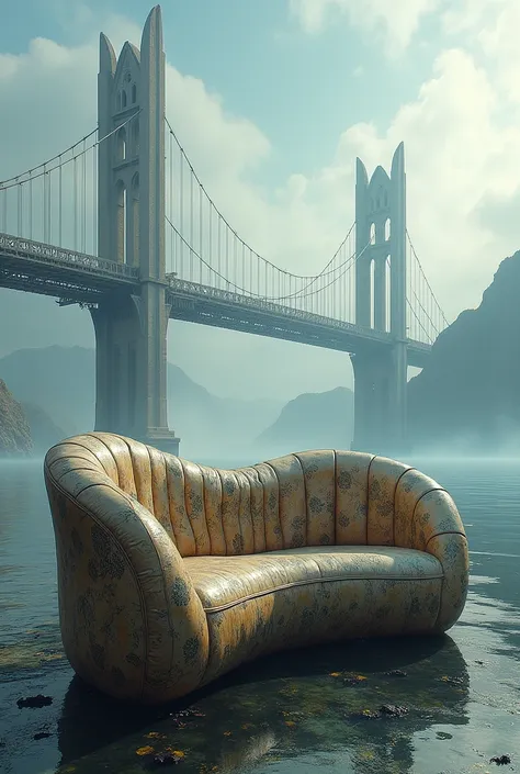 A sofa named Impertec in the background   ,  image of the third bridge of the holy spirit.