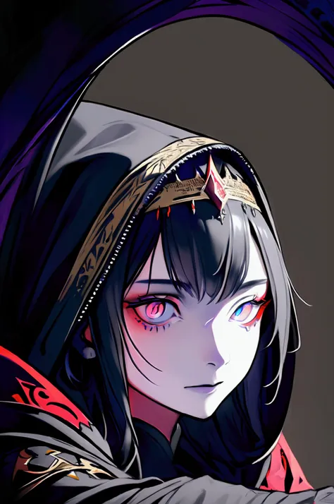 A beautiful girl in a hooded cloak, half of her face obscured, holding a small sword, intricate detailed portrait, cinematic lighting, dramatic shadows, digital painting, vibrant colors, award winning, masterpiece