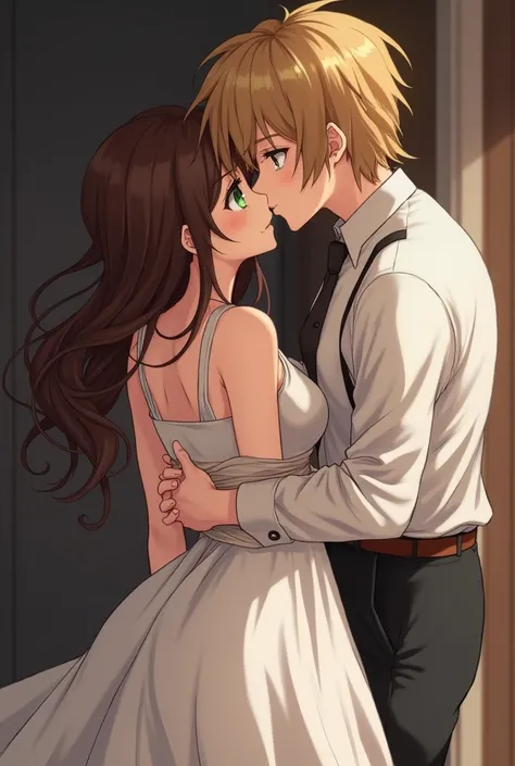 Brown hair,brown eyes girl tie up in a room with a blind fold and white dress  and a whiteblonde boy with green eyes kisses her and starts touching her butt anime skin