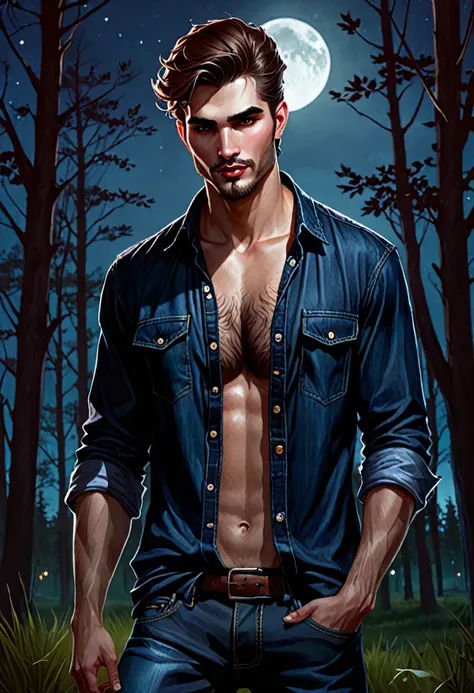 (good quality), (many details), (masterpiece), style of charlie bowater, man, vampire, fangs, open lumberjack shirt (check shirt...