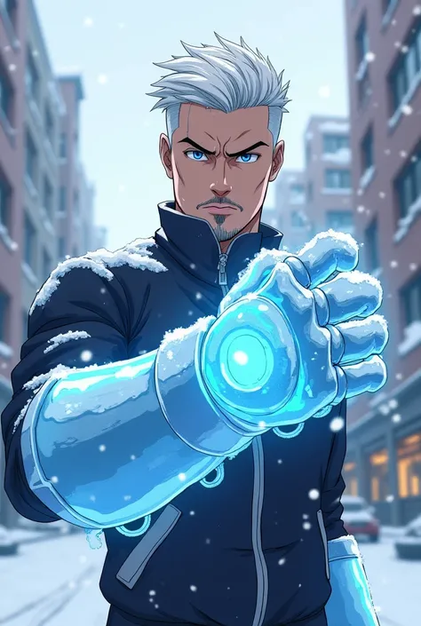 
 
adult man. white color white hair dark blue eyes. goatee, attractive face. She is in a city covered in snow and on her arm she has an ice glove that covers her entire arm., This bracelet is like the.Thanos glove but made of ice. with an annoyed expressi...