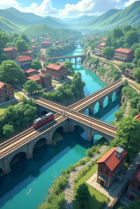 Create village image, Kudachi the rising village in Education. Add 2 railway bridge over big river , add title the village as Kuda5, the rising village in Education 