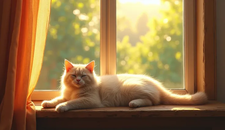 A cat stretching in the sun on a windowsill, symbolizing relaxation, with color enhanceme