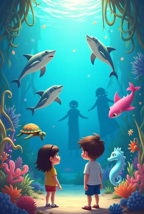 Make me a cover background where two children can be seen,3 baby sharks,two pink dolphins, a colorful turtle ,a sea horse,a light blue octopus and two bad men animated
