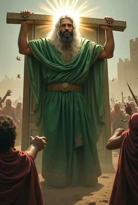 Imam Ali, green cloth like Jesus Christ, face white light, carrying and holds a big fort door on his shoulder, among his shocked enemy. Details 