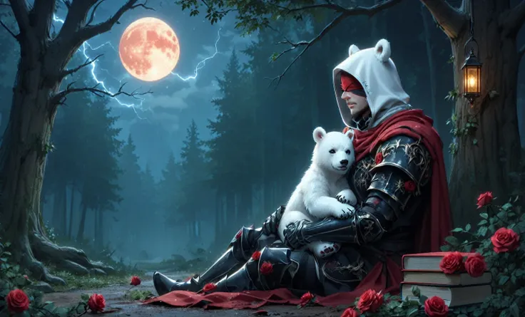 Male knight with a white hood with polar bear ears and a sword behind his back sits with a baby polar bear in a forest his head leans against a tree his legs are angled forward while the moon shines, roses cover the ground and lightning falls from the sky....