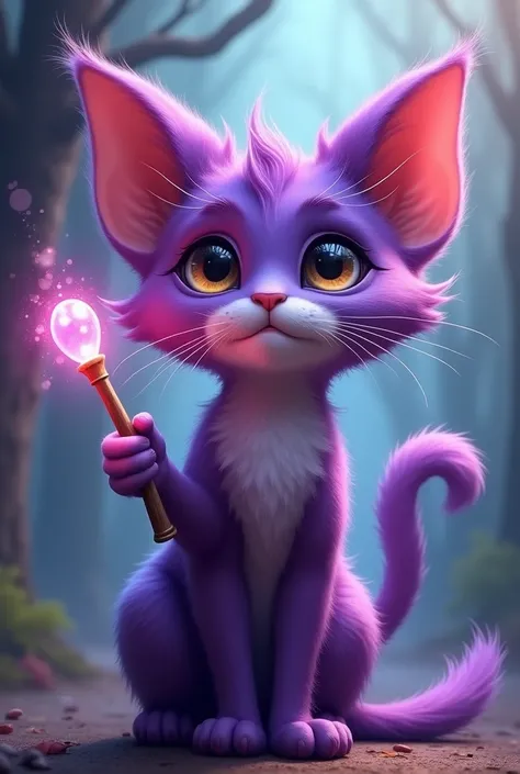 PURPLE CAT WITH BIG EARS WITH A TINGER IN HIS HAND AND A BIG TAIL 