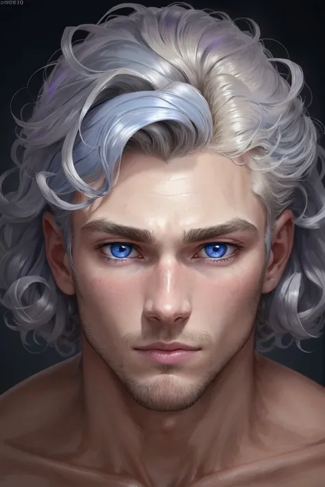 A French man, height 1,80 m, blondie hair, short and curly, that shine like silver under fluorescent light. His blue-gray eyes reflect hues of blue and violet from the surrounding surfaces.. Short and narrow nose, well-formed mouth slightly large for the f...