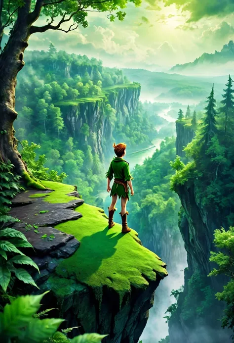 Peter Pan standing on the edge of a cliff ready to take off at any time. realistic texture , realistic body. Fairytale atmosphere . bright green forest , A Mysterious Look , 