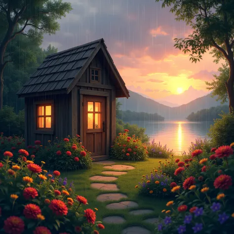 Cabin with flower garden and lake raining in the middle of sunset