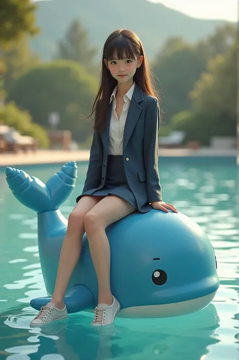 Girl in blazer skirt and sneakers sitting on a small inflatable toy whale.