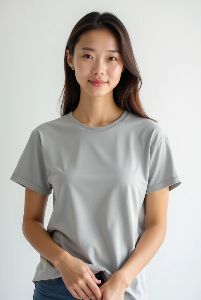 a woman wearing a gray cotton round neck t-shirt   #808080, unbranded and unprinted, photo for mockup, studio lights, white background, sharp focus, 4k, detailed, high resolution, perfect hands