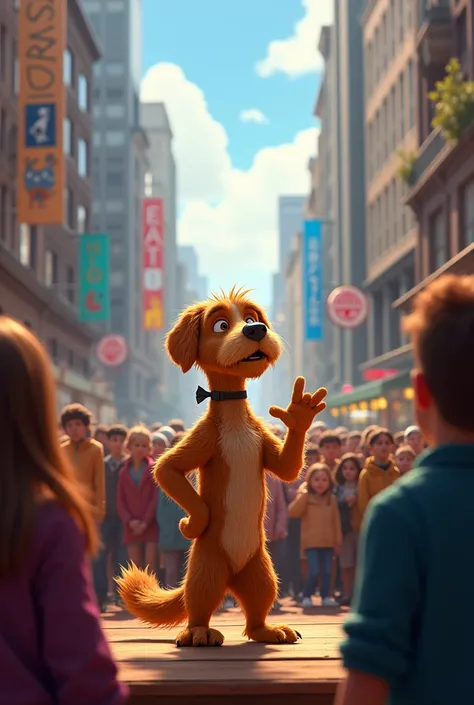 Shaggys cute Dog )is telling story to the people of the city standing far away and people of the city are looking at him with suspense 