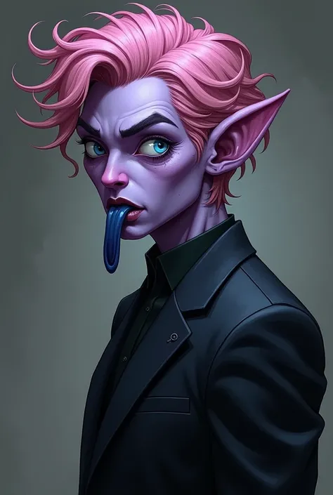 DC comics-like style, portrait, young male humanoid alien, pale purple skin, disheveled pink hair, dark blue sclera of the eyes, long tongue and gums are also dark blue. rough-cut features on an oval face. dressed in a tight-fitting black suit.
