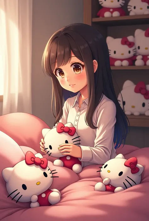 A close-up of Kaira’s bedroom, which is simple yet cozy with neutral-colored walls. There are shelves with Hello Kitty collectibles and plush toys in a corner. Kaira is in the foreground, arranging her toys with a content smile on her face