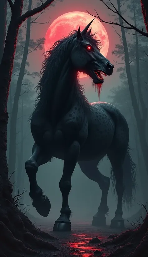 black horse with red eyes horn on forehead open mouth sharp teeth with tongue out salivating imposing spotted body forest at night illuminated by bloody moonlight Masterpiece 