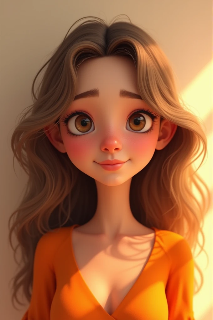 A white woman with long light brown curly hair, with big clear eyes. With the orange Pixar-style blouse