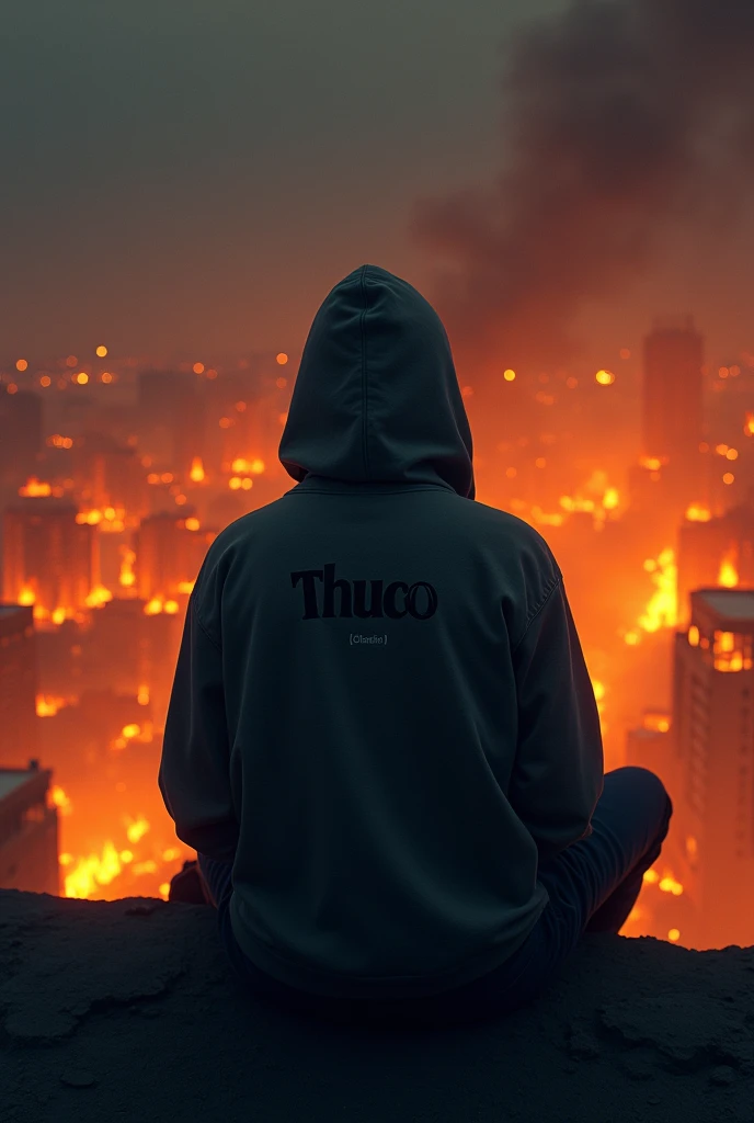 A tall young man of 1 is sitting in a high place with his back turned wearing a hooded sweatshirt covering his head with the name Tchuco written on the shirt and in a dark place high up looking down and watching the world catch fire before him the scene mu...