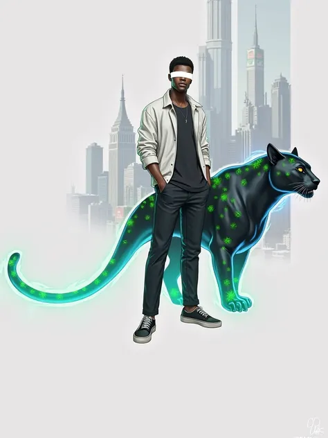 Standing in the middle of the city, young man, dark skin, white color covers the eyes, wear a black shirt inside a white jacket outside, hands in pants, next to a black panther, with reflective green spots , black panther body radiates blue aura