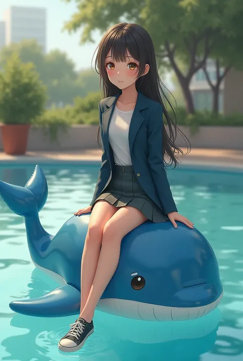 Girl in blazer skirt and sneakers sitting on a small inflatable toy whale.