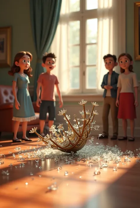 3D animation realistic,  **Shattered Chandelier**: The chandelier that has just fallen to the floor, with shards scattered around and the friends reacting in shock.