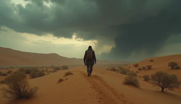 "A dramatic portrayal of a person wandering through a vast, empty desert landscape at dusk, with dark clouds swirling above. The scene should convey the harshness and spiritual depth of the wilderness experience."