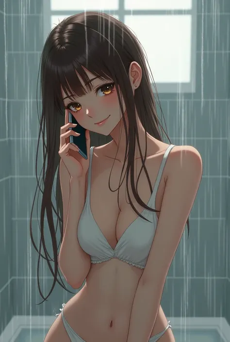 Brown hair,brown eyes girl in the shower talking on her phone anime skin