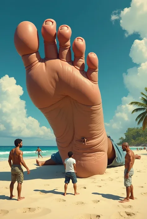 Shrunken man stuck to the bottom of the foot of a giant Latino man on the beach, after being trampled. Other men nearby laugh and mock. The giant man is lying on the sand, with soles exposed. It&#39;s a big, firm sole. Make the foot realistic. normal finge...