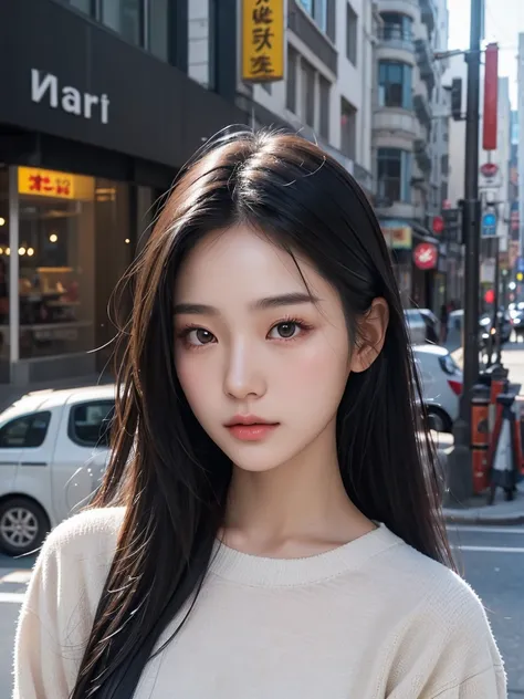 black hair, Very detailed, textured skin, High details, high quality, The best quality, very long hair, black eyes, Asian girl from South Korea, with casual clothes, beautiful, 20 years old. very long hair, in the city, textured skin, Very detailed, High d...