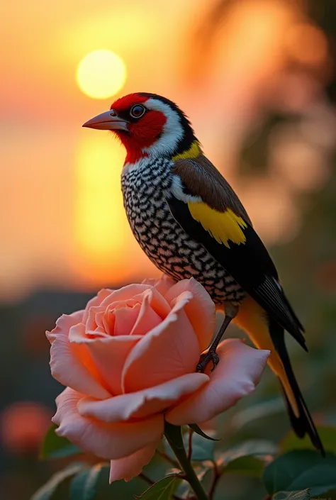 Photo d’un chardonneret eleguant une tete de mort dans son plumage ainsi quaux marques alaires jaunes vif. The one who sings poses on a rose In the background the beach of Phuket flowers A magnificent orange sun