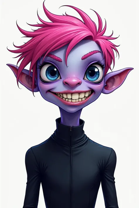 comics art style, portrait, young male humanoid alien, pale purple skin, disheveled pink hair, dark blue sclera of the eyes, tongue and gums are also dark blue. rough-cut features on an oval face. little ears are pointed at the ends, dressed in a tight-fit...