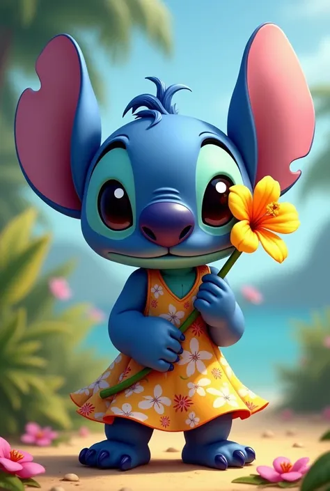 Stitch with a flower in his ear wearing Lilos clothes and with hair similar to Lilos hair