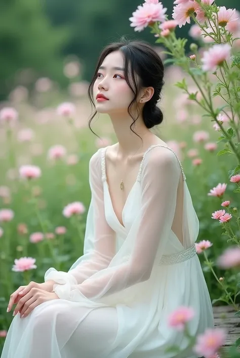 Korean girl similar to wonyoung standing in a flower garden sitting on a bench dressed in a transparent white dress and snow-white skin 