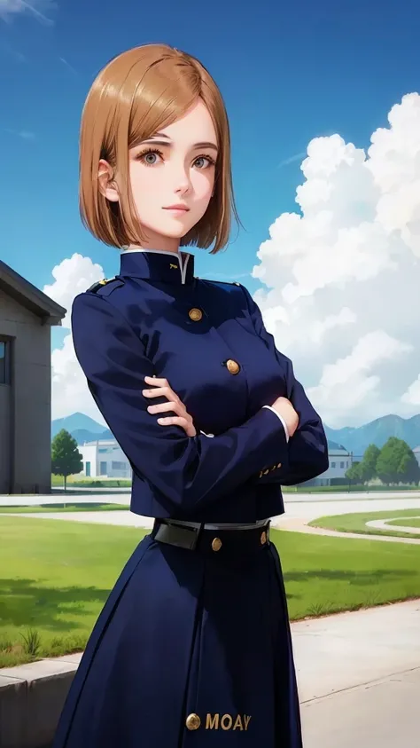 short straight hair, navy blue uniform with gold buttons, hands crossed, standing, looking at camera, outdoor environment, school buildings in background, bright natural lighting, clear sky with few clouds, crisp, formal atmosphere, front view, sharp focus...