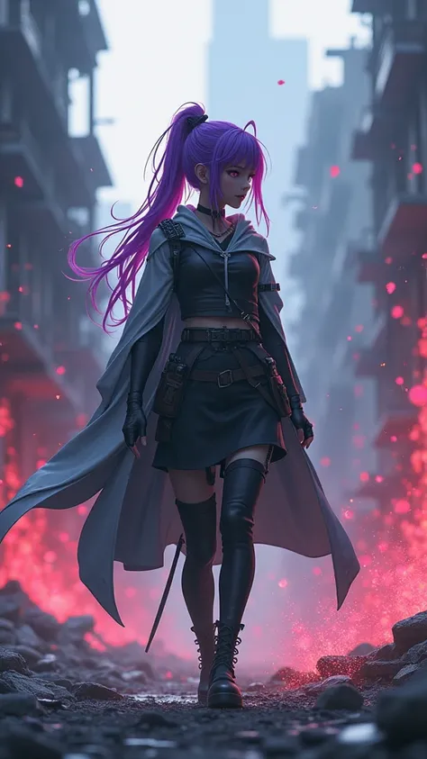 A white woman with purple hair has a cut on her left eye and is walking in a destroyed city wearing anime-style military clothing., partículas flotantes, agua mágica, colored glass rojo fuego background, 