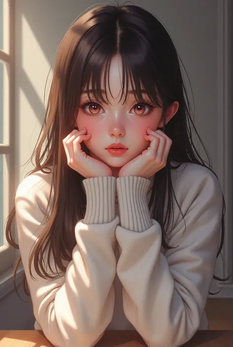 masterpiece,best quality,detailed background,cowboy shot,1girl,lixual_hellmare,solo,two side up,heart-shaped pupils,white sweater,hands on head,