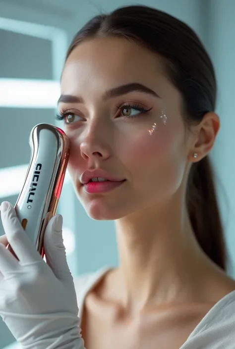 laser skin care gun being used by a super model