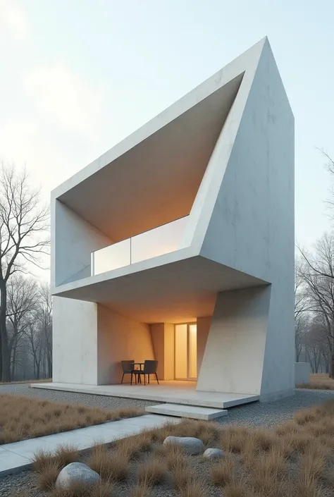 Volumetric model, using triangles and be creative and leave it to your imagination to have the characteristics of a home that has three of these interrelations in the form: union, subtraction and penetration. without windows or doors, Two-story house heigh...