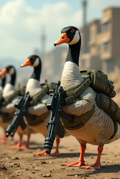 Create an image as realistic as possible of geese with military weapons - a squadron of geese on the ground