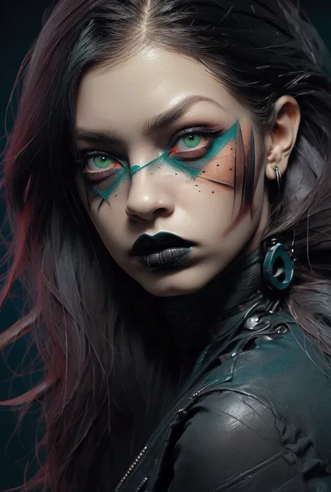 a rebellious girl, 1girl, beautiful detailed eyes, beautiful detailed lips, extremely detailed face, long eyelashes, messy hair, ripped fishnets, dark goth aesthetic, dark makeup, moody expression, dramatic lighting, dark brooding atmosphere, cinematic sty...