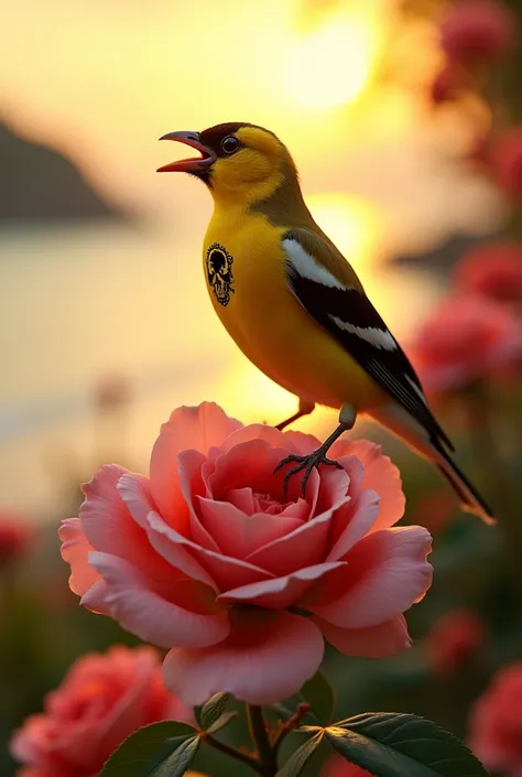 Photo d’un chardonneret eleguant qui chante de face  une tete de mort dans son plumage sur la poitrine ainsi quaux marques alaires jaunes vif. Le  qui chante poser sur une rose 
En arrière plan la plage de phuquet des fleurs 
Un soleil magnifique orange