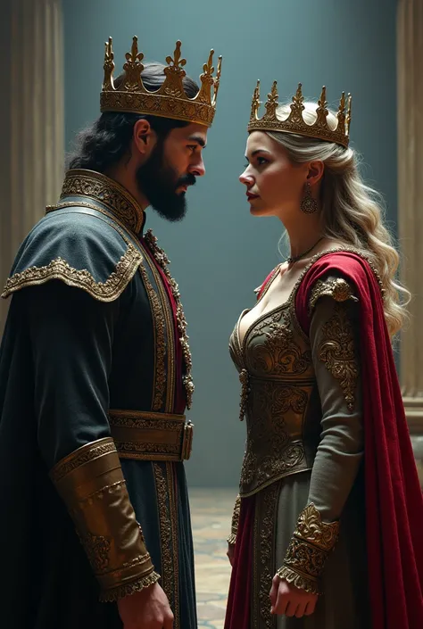 Two enemy kings, a man and a woman, looking at each other with defiance, The man with a different colored suit and no beard, that also has a crown, that the scene looks dramatic