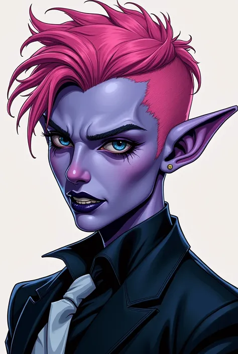 comics art style, portrait, beautiful adult male humanoid alien, pale purple skin, disheveled wolfcut pink hair, dark blue sclera of the eyes, tongue and gums are also dark blue. rough-cut features on an oval face. little ears are pointed at the ends, dres...